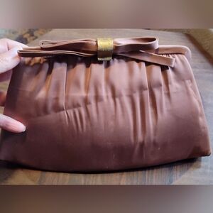 Brown/Rose Colored 1950's After Five Satin Bow Clutch Handbag & Coin Purse USA